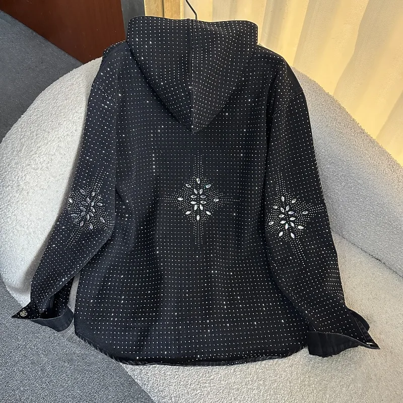 

Heavy Industry Popular Rhinestone Hooded Long Sleeves Denim Blouse Jacket Loose Fashion Top 2025 Autumn New Style High-end Shirt