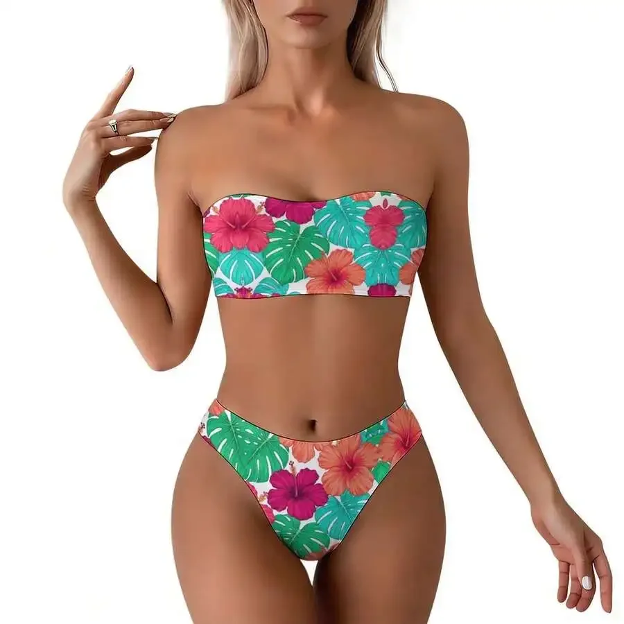 Tropical Floral Print Strapless Bikini Set With Built-In Pads