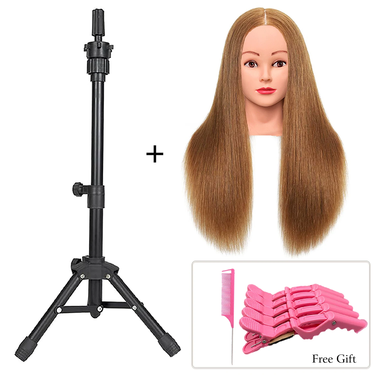 Hairdressing Training Head with Wig Stand Tripod, Dark Brown Mannequin Head with Stand Doll Head for Hair Styling Hair Braiding