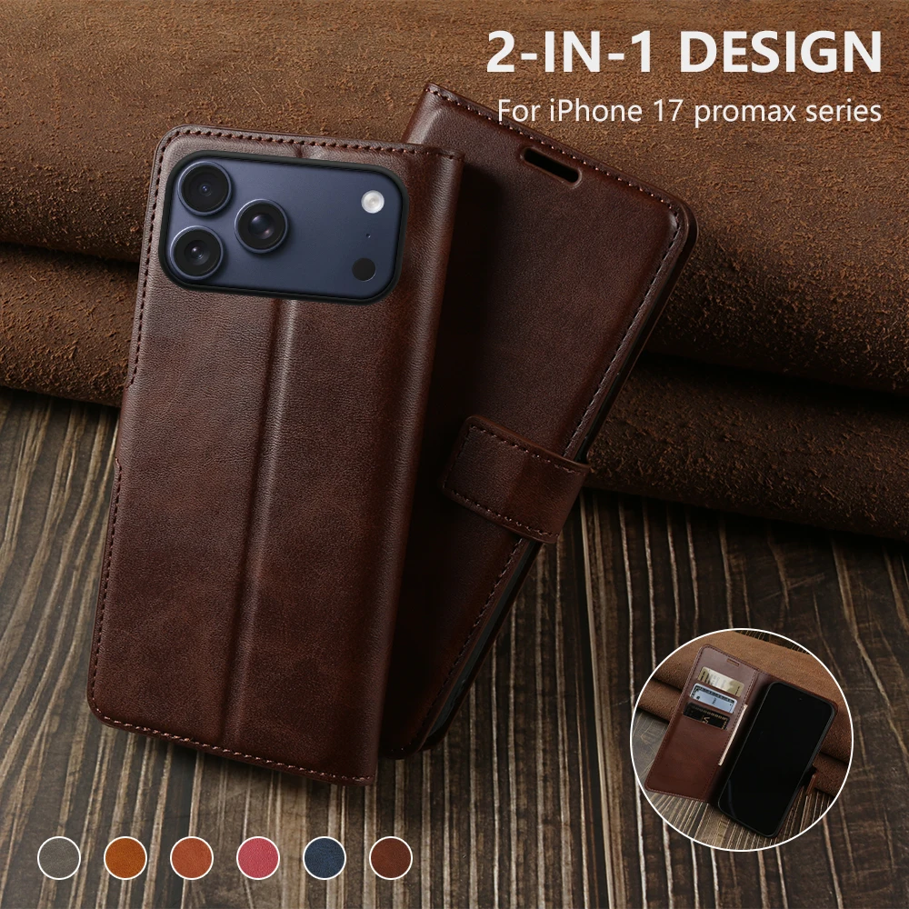 

Premium Calf Leather Flip Case For iphone 17 Pro Max 17e 16e Air 14 Plus 13 12 mini 11 15 16 Pro Max Phone Case Cover Wallet Bag