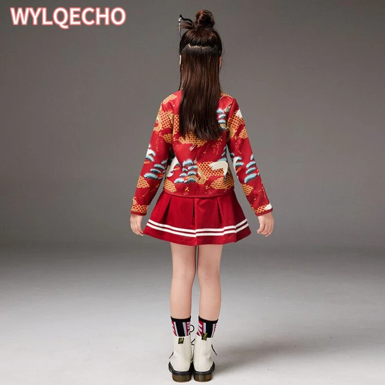 Boy Ancient Tang Costume Stage Clothing Red Chinese Style Printed Clothes Set Girl Hanfu Skirt Style Chinese New Year Outfit