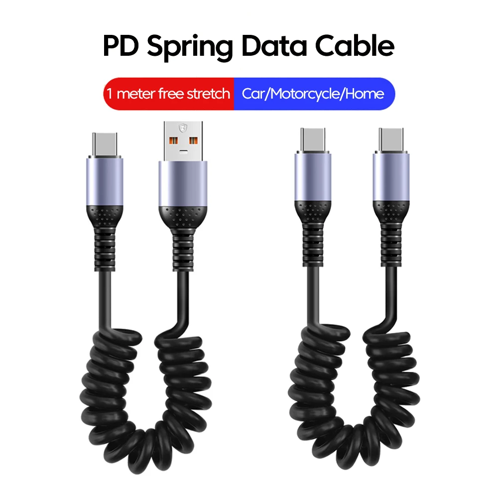 6A Short PD Spring Data Cable Retractable USB Type C Car Charger Fast Charging Cable For iphone Samsung Xiaomi Huawei