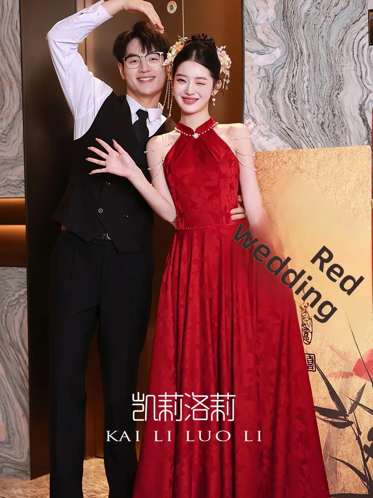 

Красное свадебное платье Dr New Chinese Sle для женщин: Элитное летнее вечернее платье с жемчужной отделкой для торжественных случаев