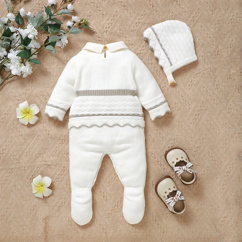 Newborn Baby Rompers Knit Infant Girl Jumpsuit Long Sleeve Toddler Kid Clothing Hat 0-9M Overalls Fashion Tie 2PCS Foot Wrapping