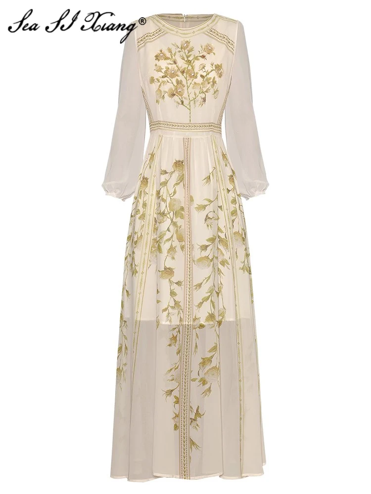 

Seasixiang Fashion Designer Summer Flower Print Dress Women's O-Neck Lantern Sleeve Crystal Beading Elegant party Dresses