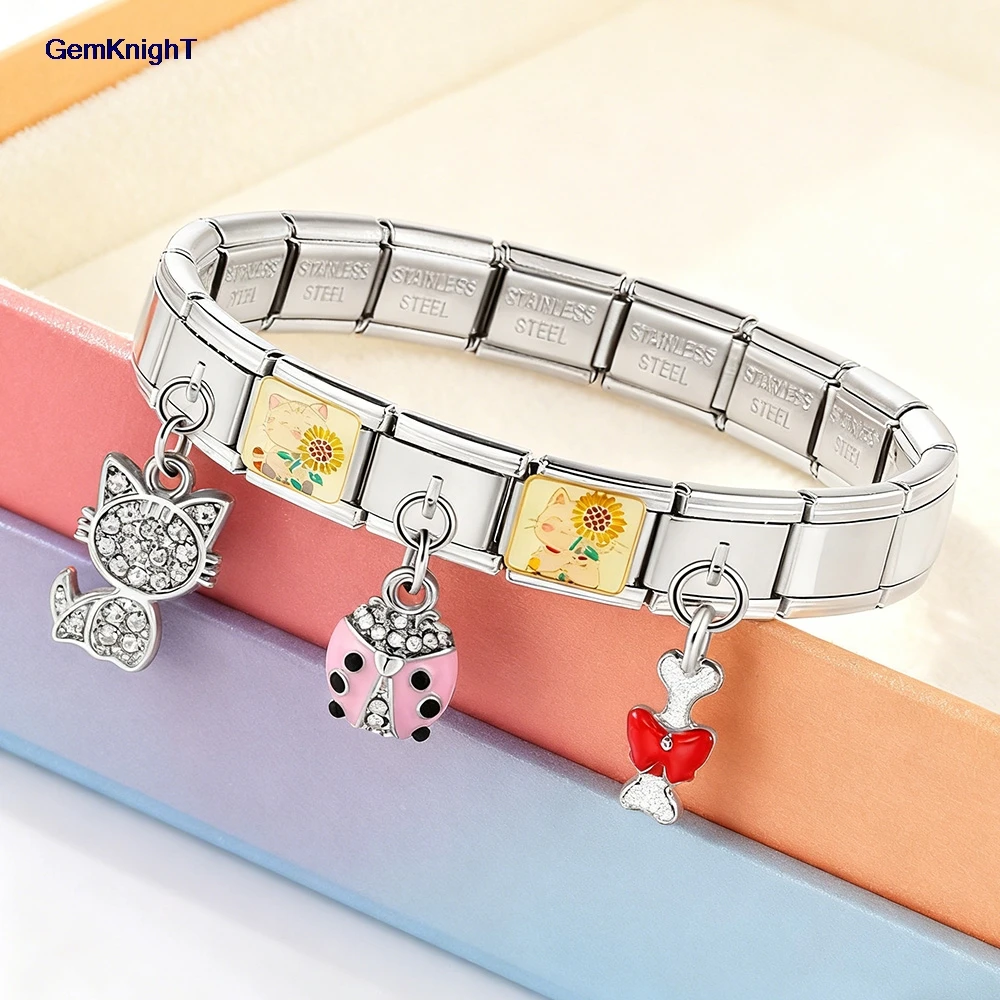 1개 실버 컬러 참 돌고래 고양이 강아지 집 딱정벌레 이탈리안 링크 9mm 스테인리스 스틸 쥬얼리 제작 팔찌 펜던트 DIY