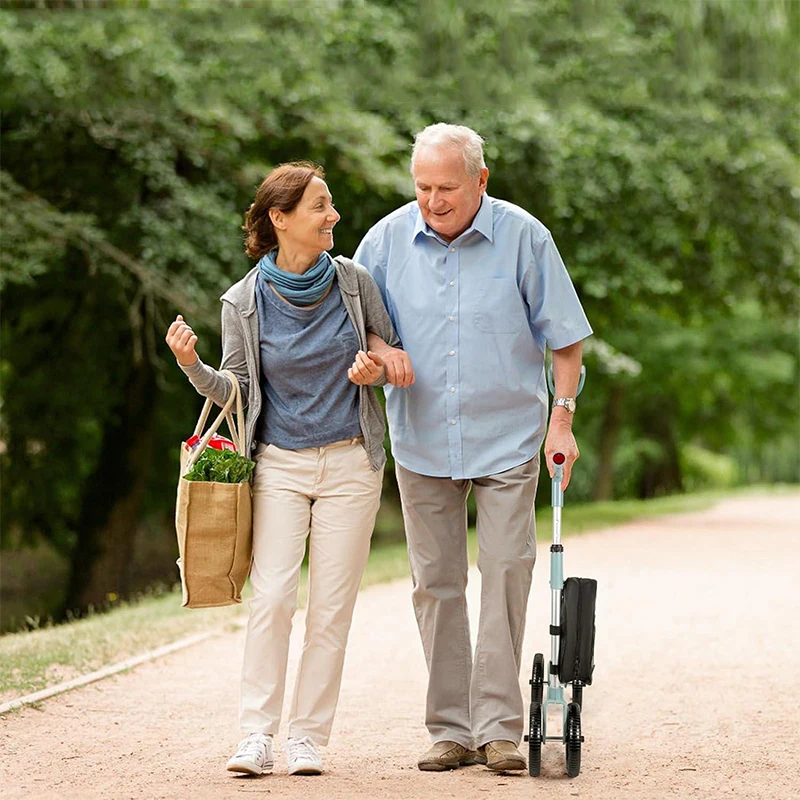 Four-wheeled one-hand walker for the elderly, height-adjustable, lightweight foldable crutches and crutches walker