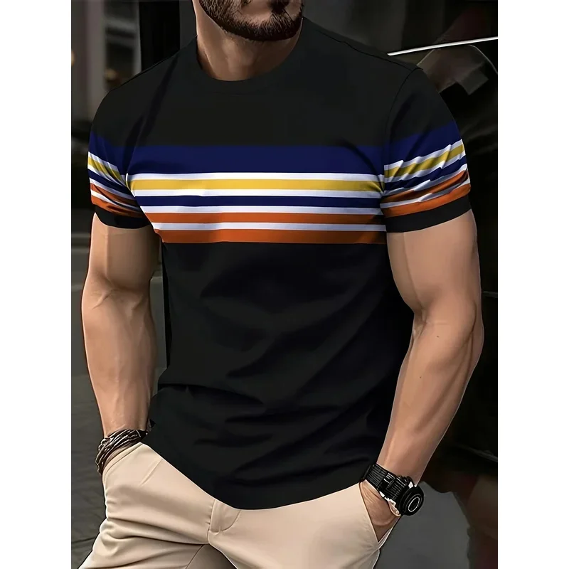 Fashionable striped printed men's T-shirts, summer breathable men's clothing, casual loose tops, multi-functional O-neck men's t