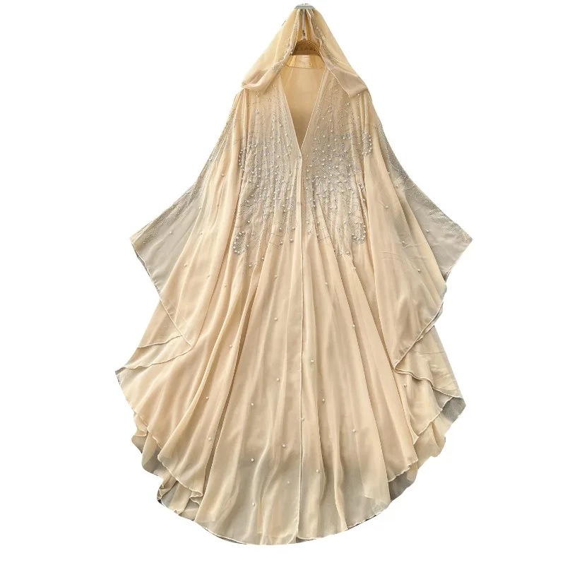 Women's Summer Cover-up Cape Shawl Hooded Jacket Beaded Loose-fitting Asymmetrical Lightweight Mesh Minimalist Casual Designer