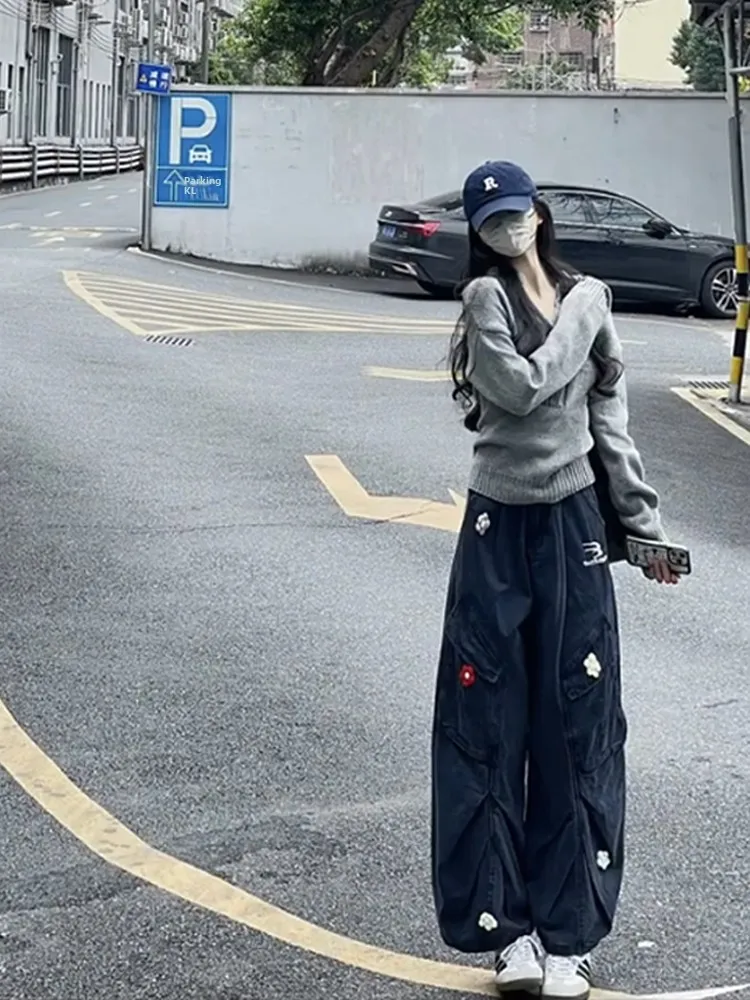 Damskie dżinsy robocze Deep Blue z haftem, na wiosnę i jesień, z szerokimi nogawkami, luźny krój, wysoki stan, wyszczuplające, proste, długie spodnie.