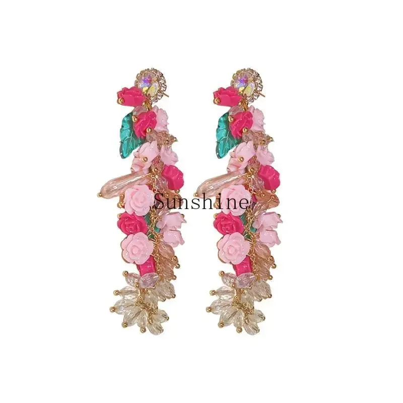 

Flower crystal tassel sweet temperament design stud earrings long trend earrings