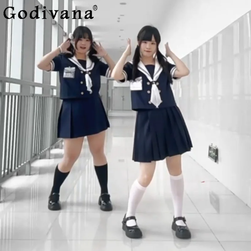 JK Uniform Sets Summer New Short Sleeve Japanese Cyan Navy Collar Sweet Shirt Fashion High Waist A-line Versatile Girl Skirt