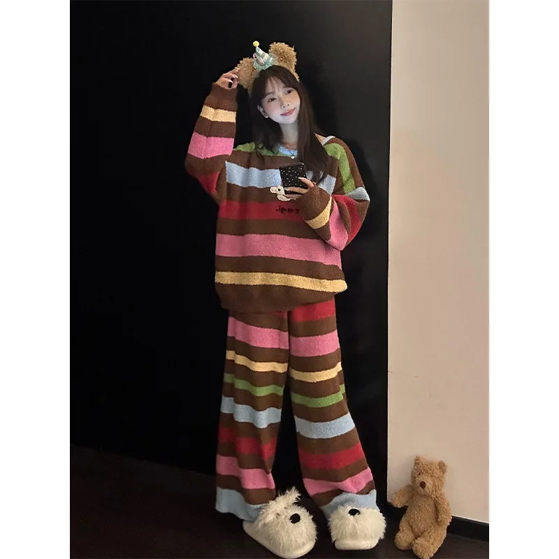 

Cute Rainbow Striped Puppy Half-Fleece Warm Set Women New Winter Style Loose O-Neck Long Pants 2 Piece Casual Pajamas