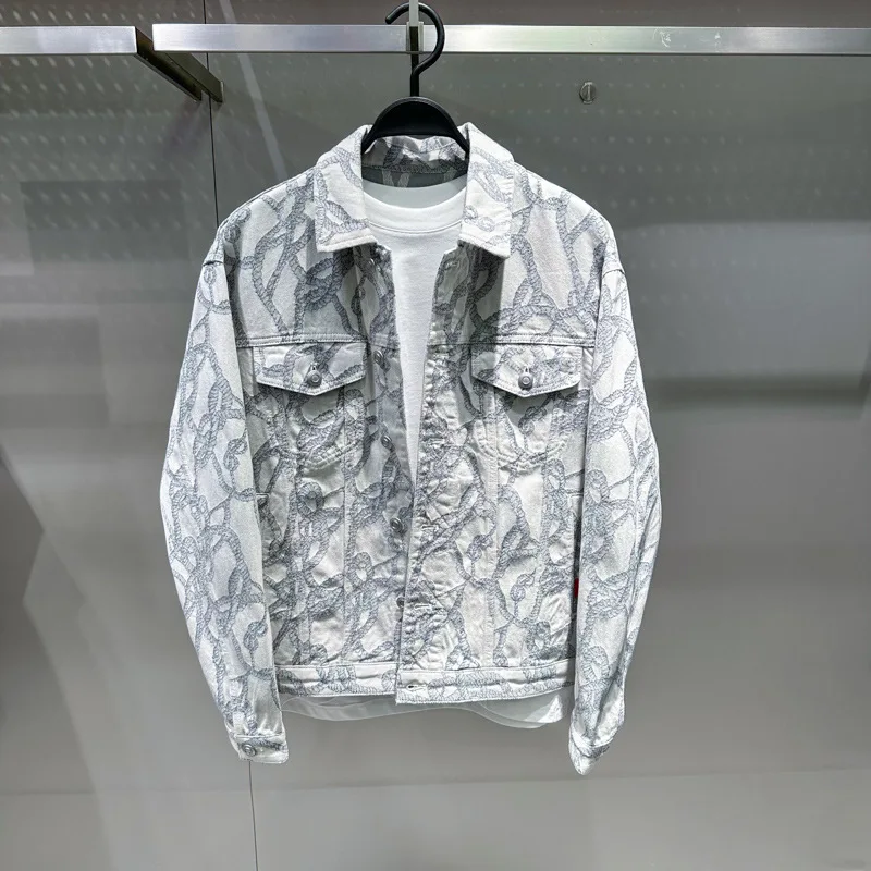 

Faionable Waed Denim Jaet Spring Autumn Men's Clothing Luy Rope Embroidery Turn-down Collar Workwear Youth Outerwear