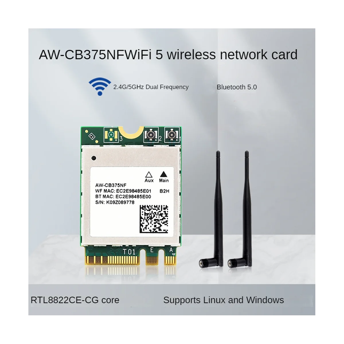 Waveshare Aw-Cb375Nf 듀얼 밴드 무선 네트워크 카드, 듀얼 밴드 와이파이 5 세대 무선 모듈, 2.4G, 5Ghz