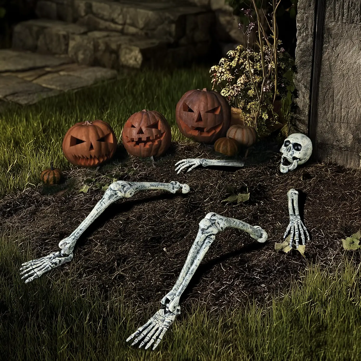 Décorations de squelettes d'Halloween pour l'extérieur, squelettes grandeur nature à enfouir dans le sol, décorations de crânes pour cimetière, jardin et pelouse