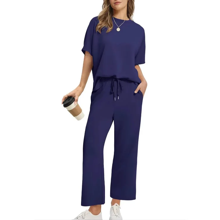 

Elegant temperament women's 2-piece set summer2025new half sleeved top and elastic waist strap casual pants set, solid color set
