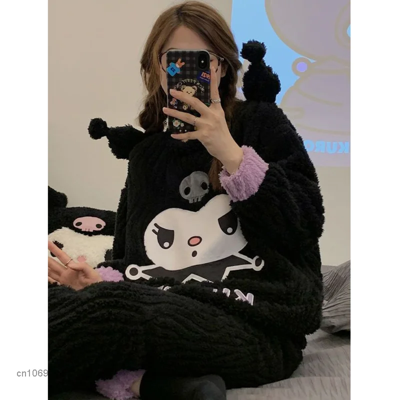 Sanrio Kuromi Winter Plüsch Pyjama Set warme Koralle Samt Pyjama für Frauen y2k weiche Mädchen verdickte Flanell House wear für Frauen