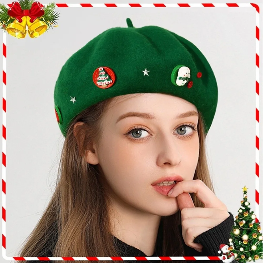 

Fashion Woolen Christmas Beret Star Christmas Tree Octagonal Hat Solid Color Warm Painter Hat Travel