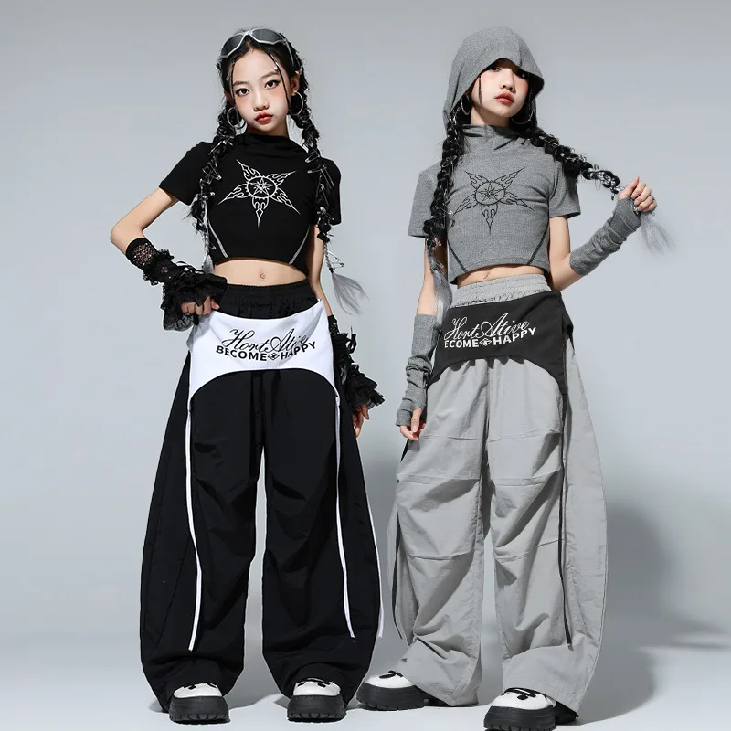 طفل Kpop الهيب هوب الملابس حزام أسود المحاصيل الأعلى تي شيرت رمادي عادية واسعة حزام المظلة السراويل لفتاة الجاز ملابس رقص الملابس