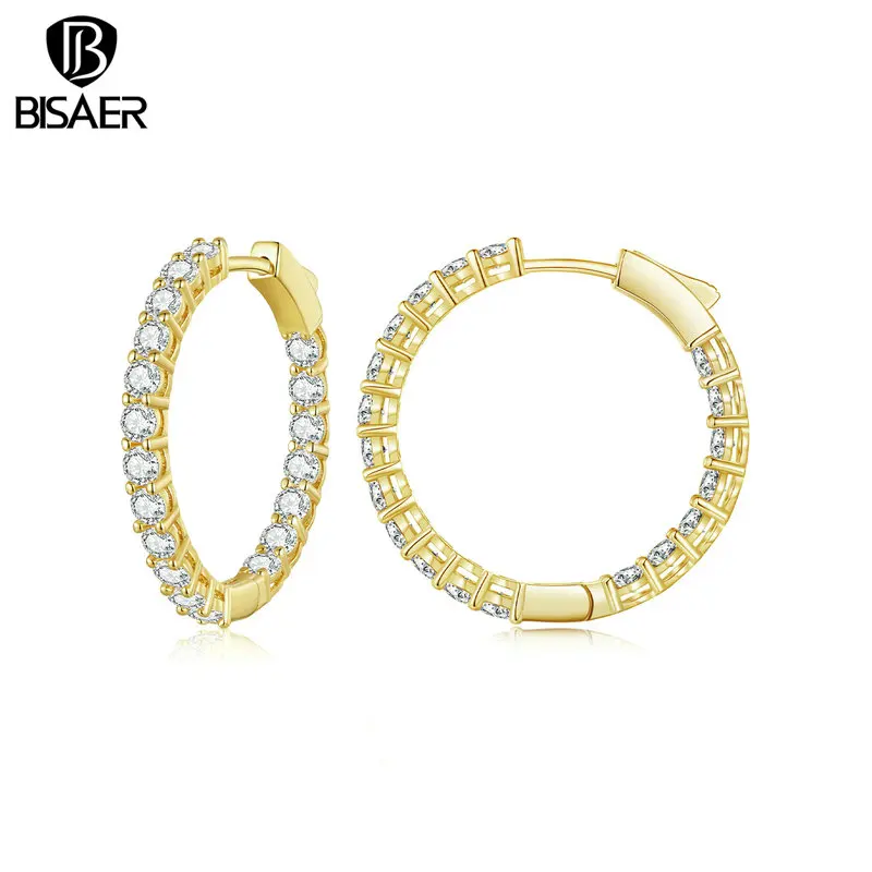 BISAER Huge Circel Gold Color Hoop Earrring Multi Colors Shiny Zircon For Women Wedding Engagement Jewelry Party Gift YIE138