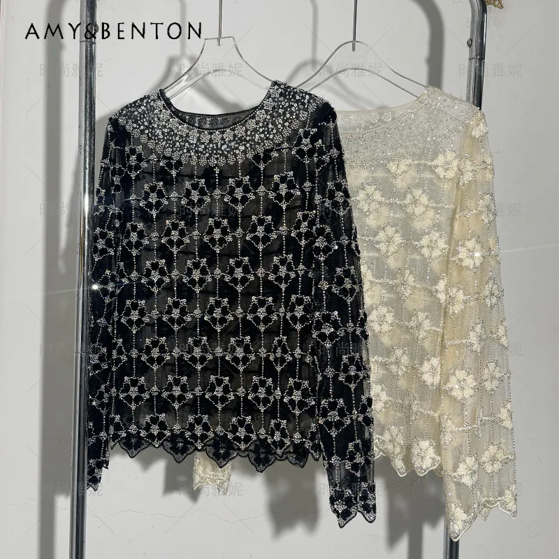 

Heavy Craft Sequin Floral Lace Y2k Blouse For Women's Long Sleeves Pearl Beaded Elegant Chic O-neck Slim Fit Slimming Top Shirt