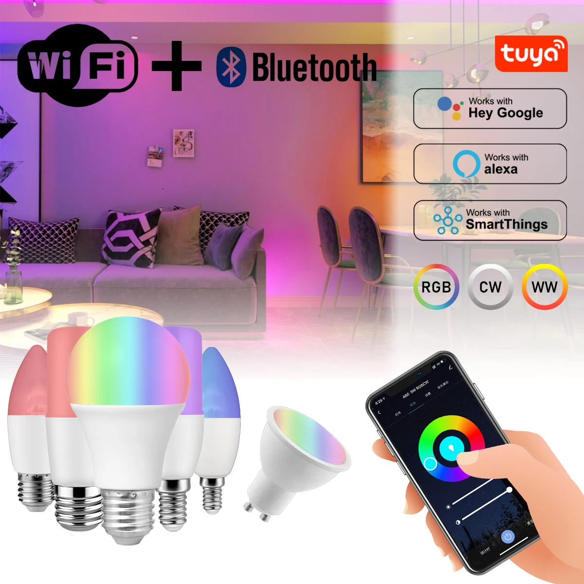 

Voice Control 6w RGB CW Smart Light Bulb Dimmable C35 85V-265V Wifi Led Magic Lamp 110V 220V Work With Alexa Google Home