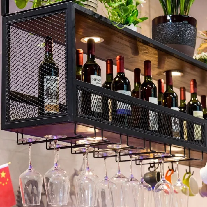 Wrought iron bar simple hanging wine cabinet modern home storage shelf