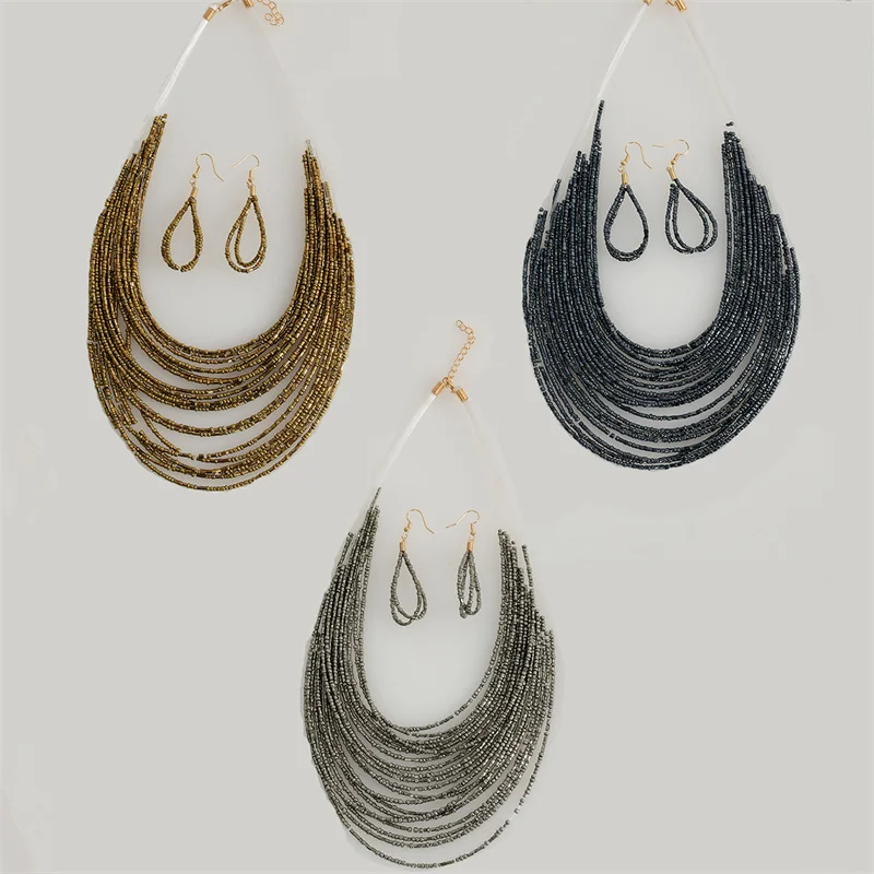 Bohemian Rice Bead Necklace Set Multi Layer Fishing Line Rice Bead Necklace