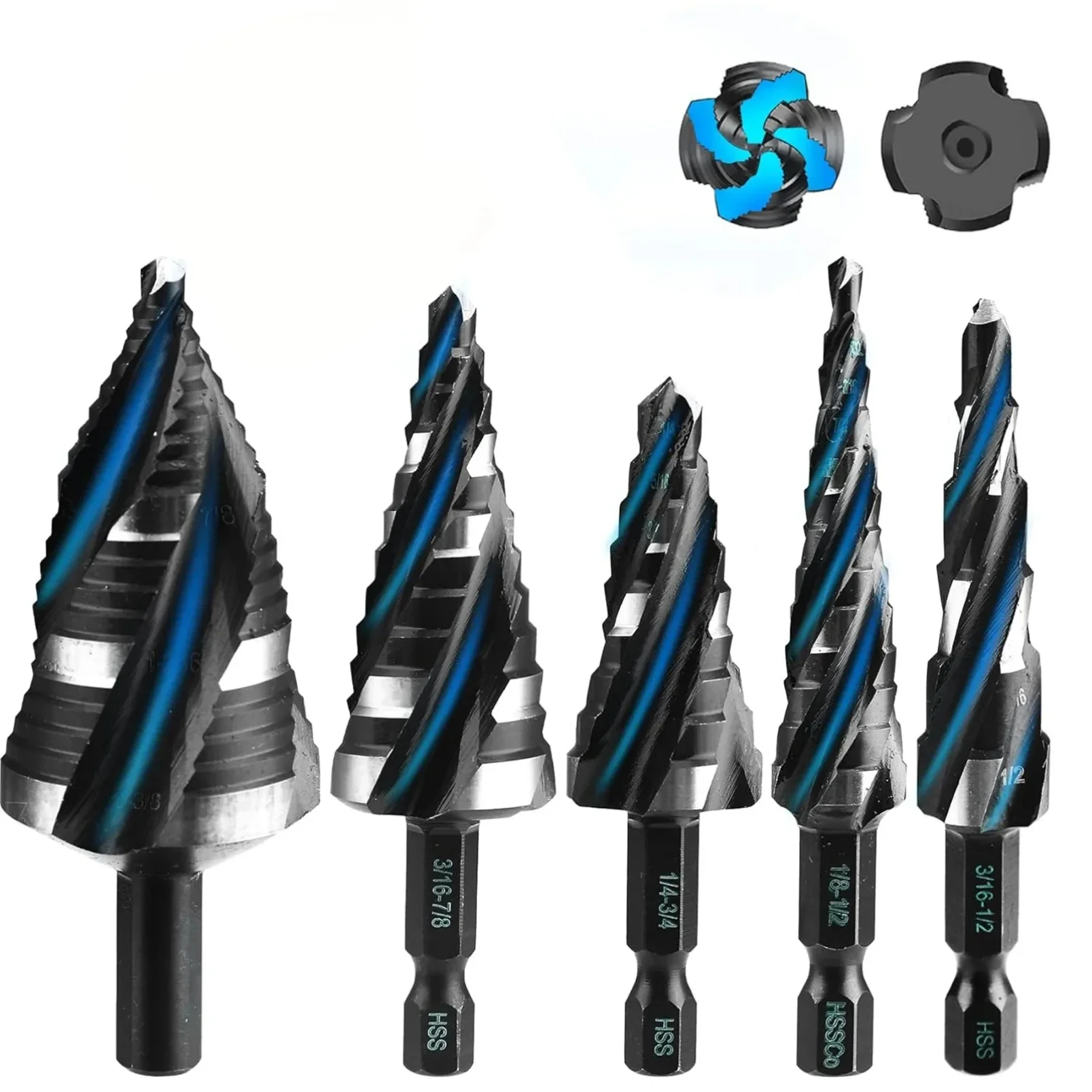 ステップドリルビットセット、金属用4スパイラルフルートステップビット5個、50サイズのチタンコーティングhssドリルビット（1-4インチ六角シャンク付き）