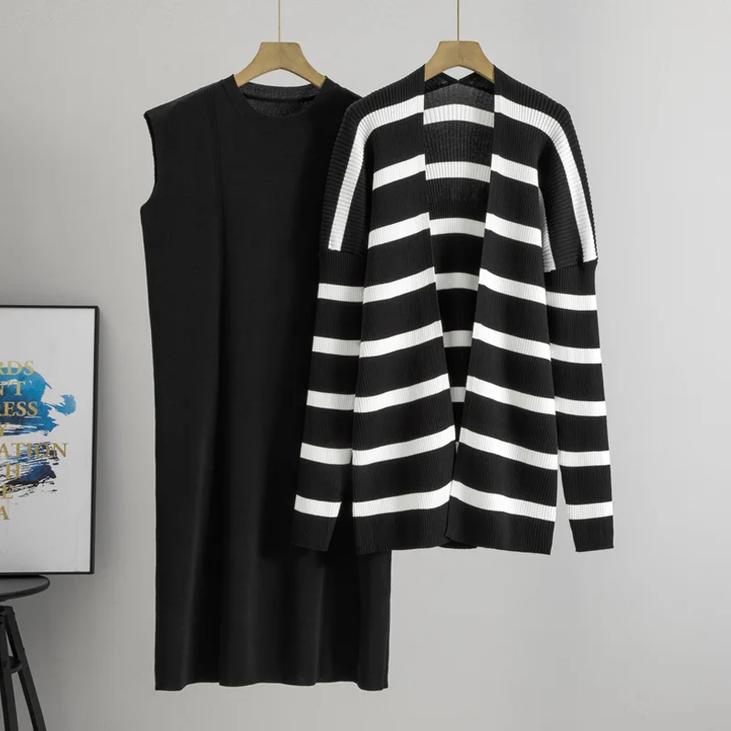 

Women New Casual Knitted Solid Sleeveless Dress Autumn Loose Long Sleeve Sweater Dress Two-Piece Knitwear Skirt Vresatile B584