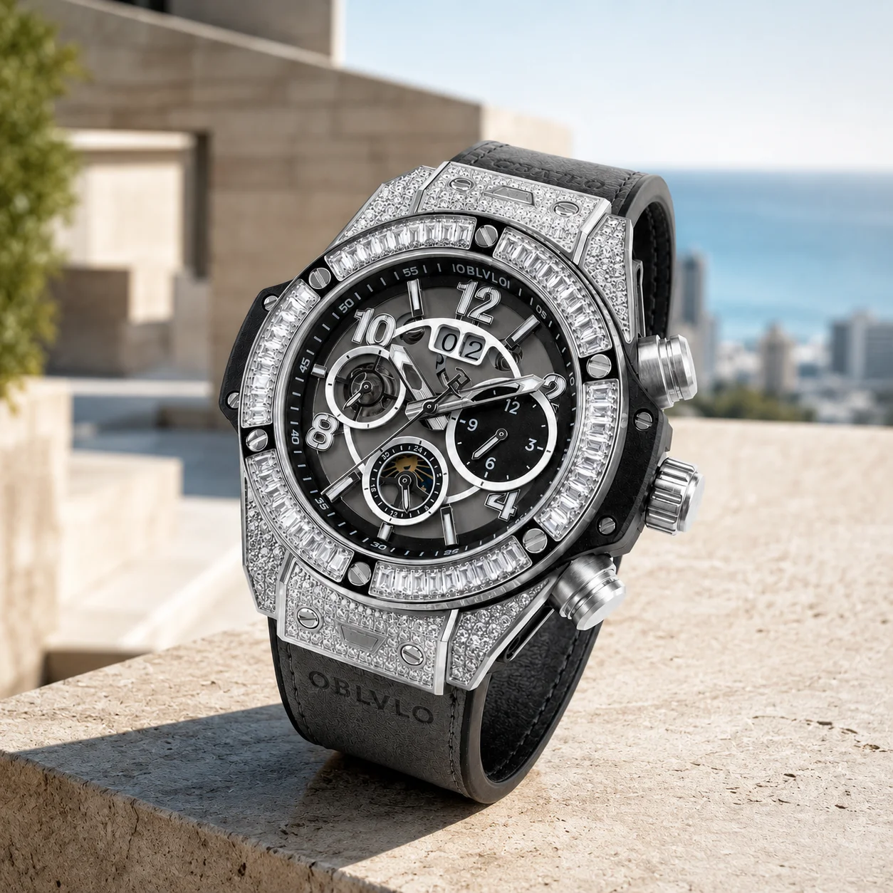 OBLVLO Men's Full Diamond Bezel Multi-layer Dial Mechanical Watch Date Display Multi-function Leather Automatic Movement HM-BGT