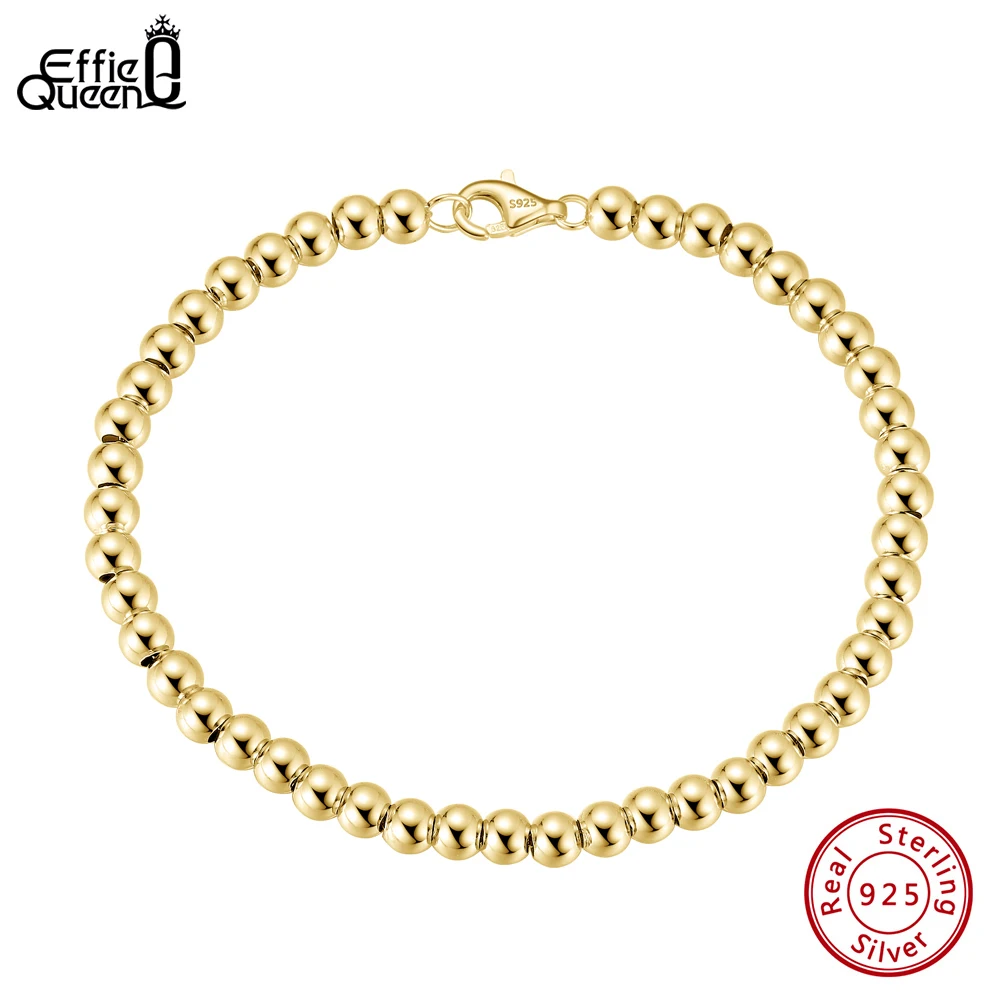 

EFFIE QUEEN 14K Gold Italian Handmade 4mm Bead Ball Strand Chain Bracelet for Women Men S925 Silver Bracelet Party Jewelry SB103