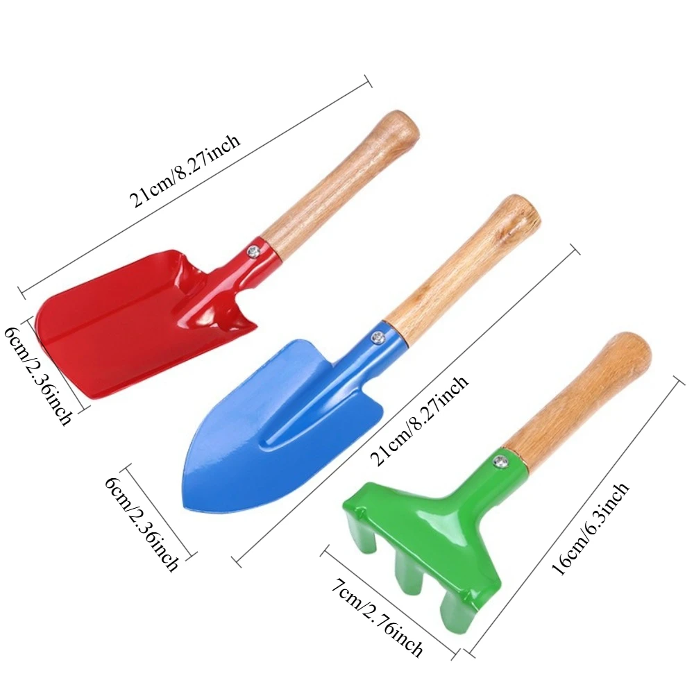 3pcs Mini Gardening Tools, Wooden Handle Metal Shovel Spade Rake, Small Hand Tools for Garden Planting Digging, Beach Sand Toys, Outdoor Backyard Play