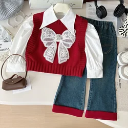Girl Set 2024 Autumn New Korean Girls Shirt Bow Vest Paired with Denim Pants Temperament Three Piece Set
