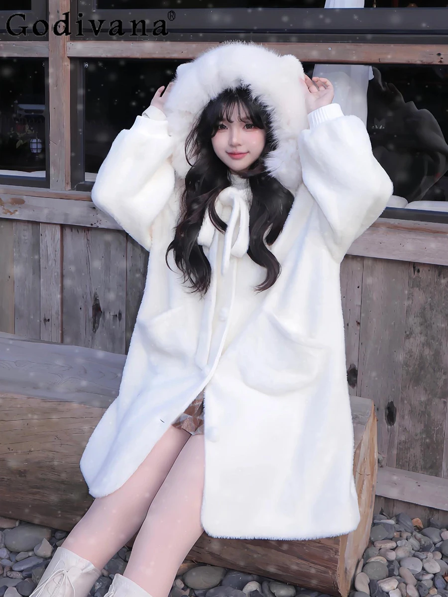 

Sweet Cute White Woolen Jackets Coats Womens 2024 New Autumn and Winter Long Plush Cat Ears Hooded Single Breasted Overcoat