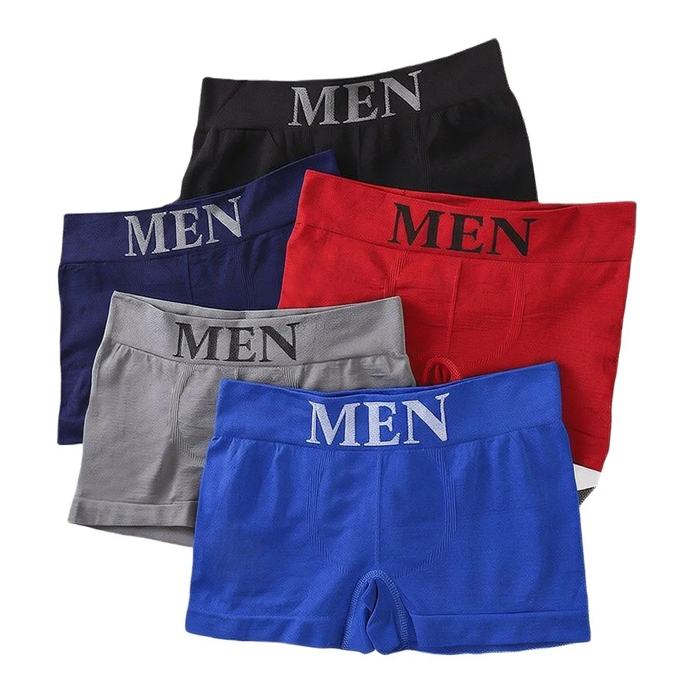 Men's Seamless Boxer Briefs 5-Pack Middle Waist High Elastic Breathable Underwear Trunks For Daily Wear Black/Navy/Gray/Red