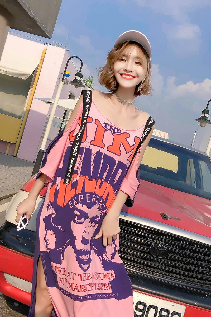 ประเทศไทยแฟชั่น 2025 ฤดูร้อนใหม่ปิดไหล่คอเฉือนเสื้อยืดยาวพิเศษด้านบนกลางยาวหลวมสายแขนสั้นชุด