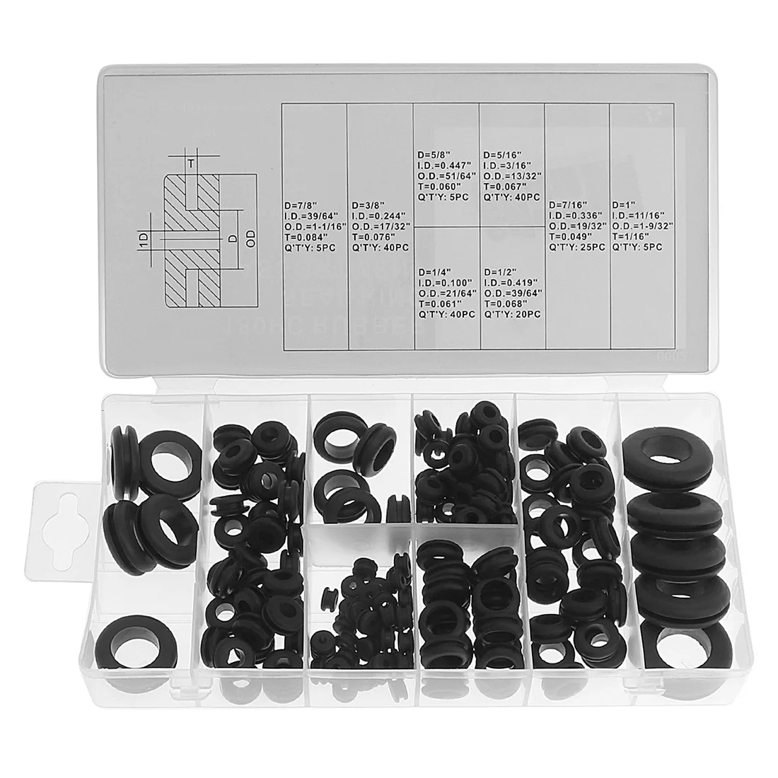 180pcs Rubber Grommets Retaining Ring Set Seal Ring Protection Coil Plastic Box for Blanking Hole / Wiring Cable / Gasket Kits