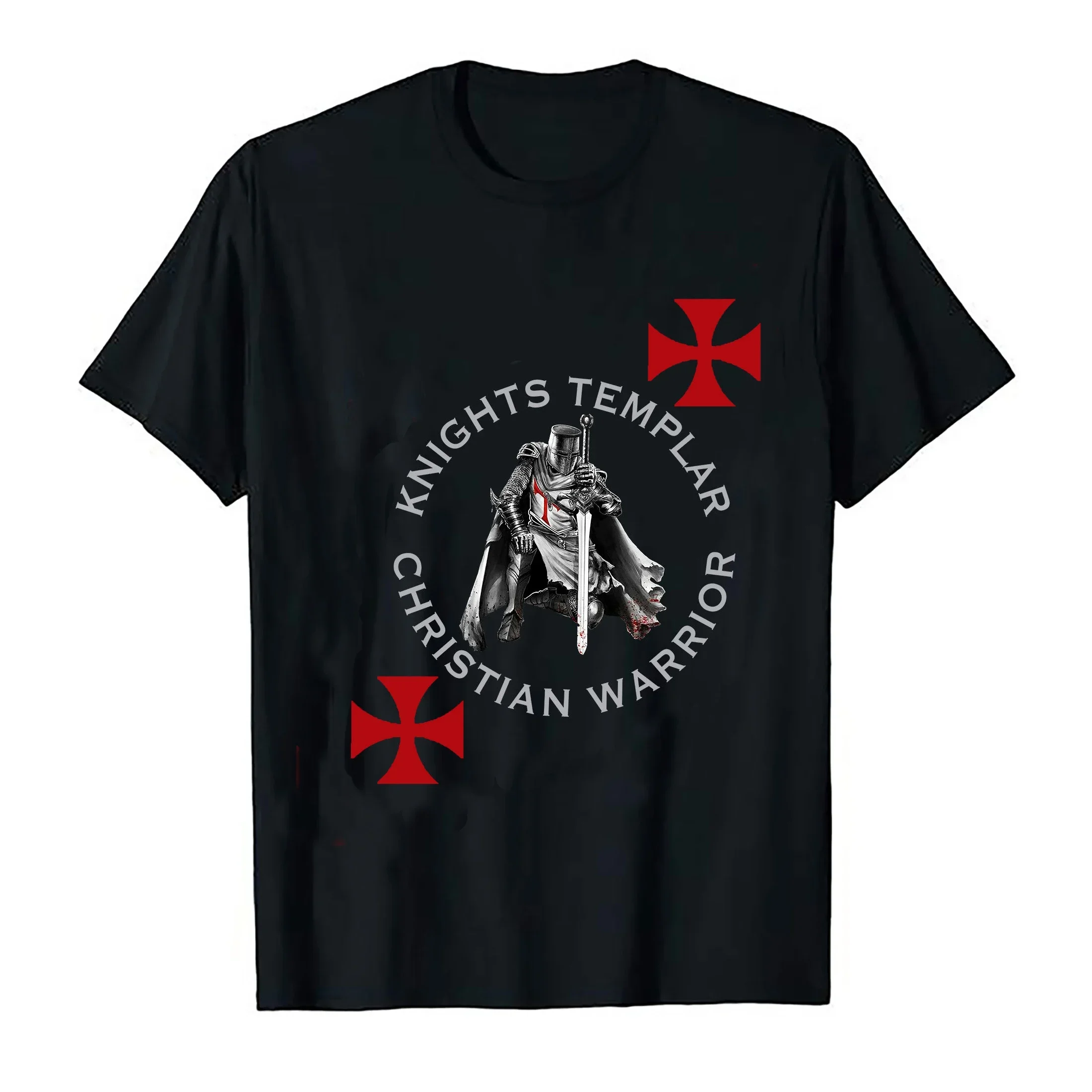 

Knights Templar Christian Warrior Kneeling Graphic T Shirt Black Cotton Crew Neck Tee for Men