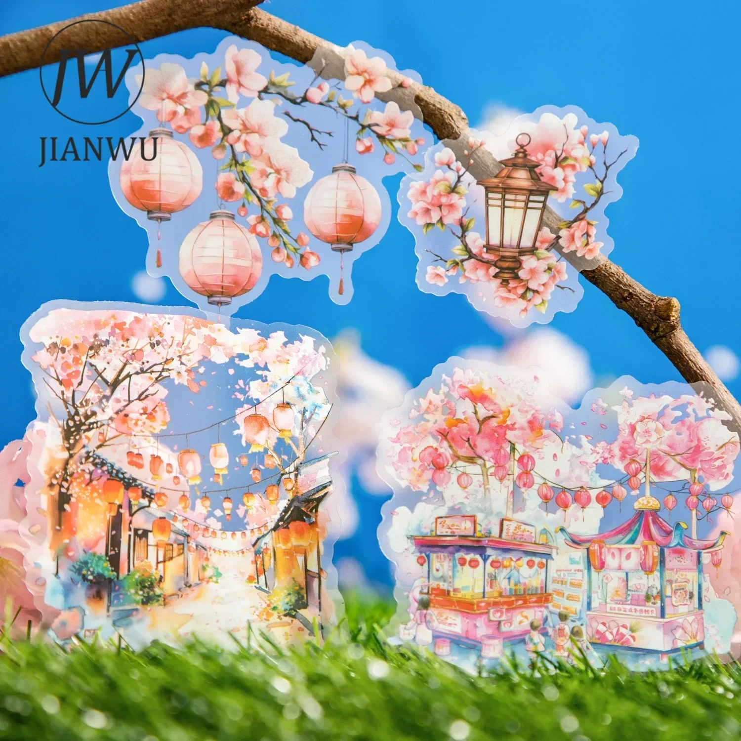 JIANWU All Over The Mountain and Plains Series Cherry Blossoms Landscaping Collage PET Sticker Creative DIY Journal Stationery