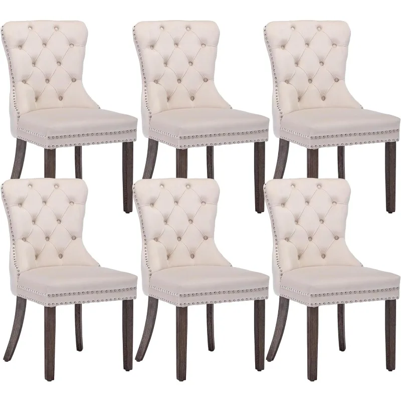 

Velvet Dining Chairs Set of 6, Upholstered High-end Tufted Dining Room Chair with Nailhead Back Ring Pull Trim Solid Wood