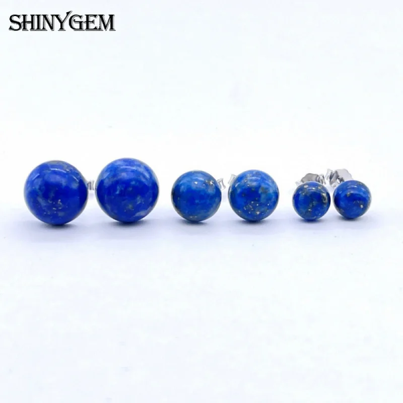 

SHINYGEM Natural Lapis Lazuli Stud Earring Round Blue StoneWomen 925 Silver Plated Jewelry Simple Daily Wear Gift