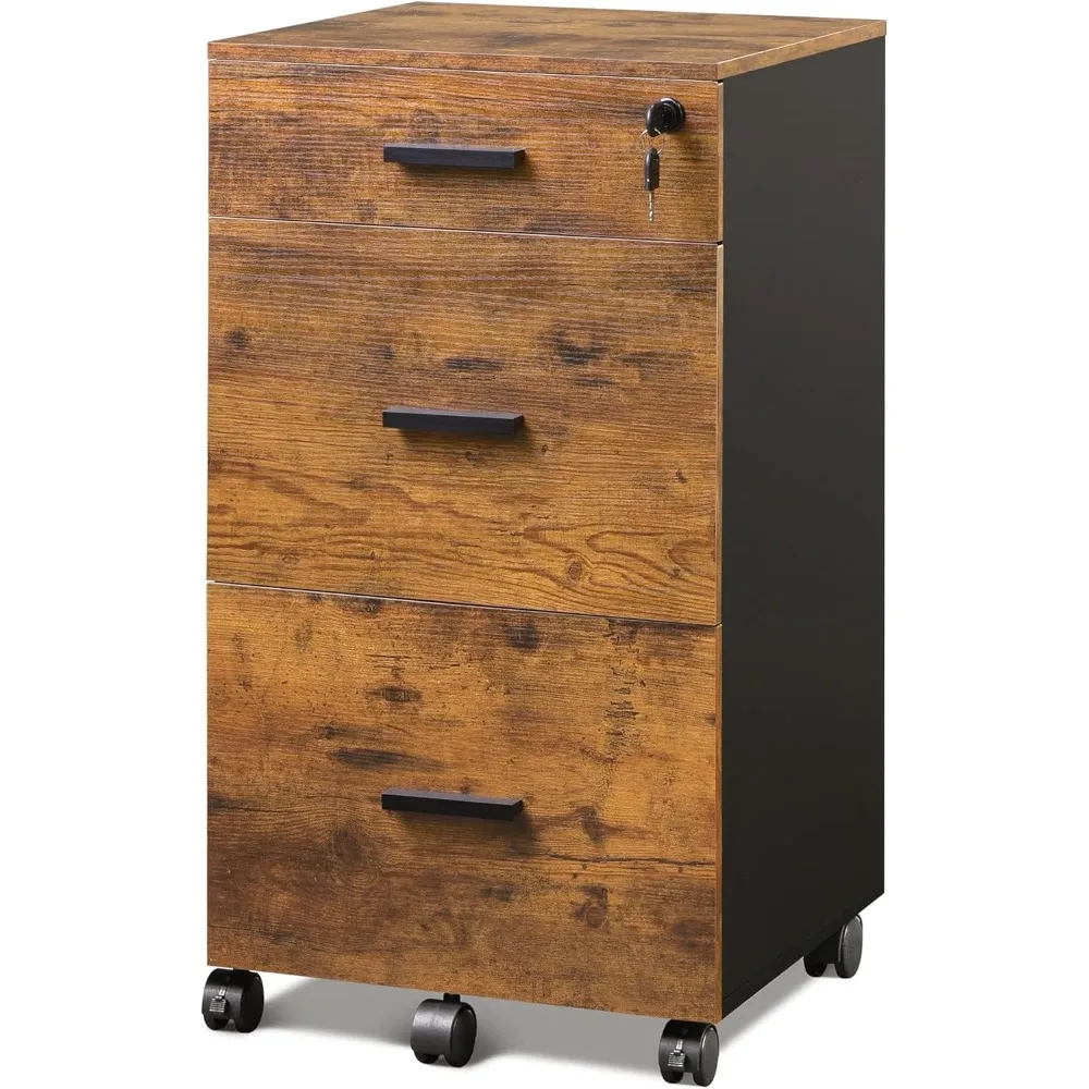 

3 Drawer Rolling File Cabinet with Lock, Wood Filing Cabinet fits Letter / A4 Size for Home Office, Rustic Brown