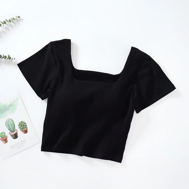 Women Short Sleeve T-shirts High Waist and Short Sleeves Cotton Navel Square Neck T-shirt with Chest Pad