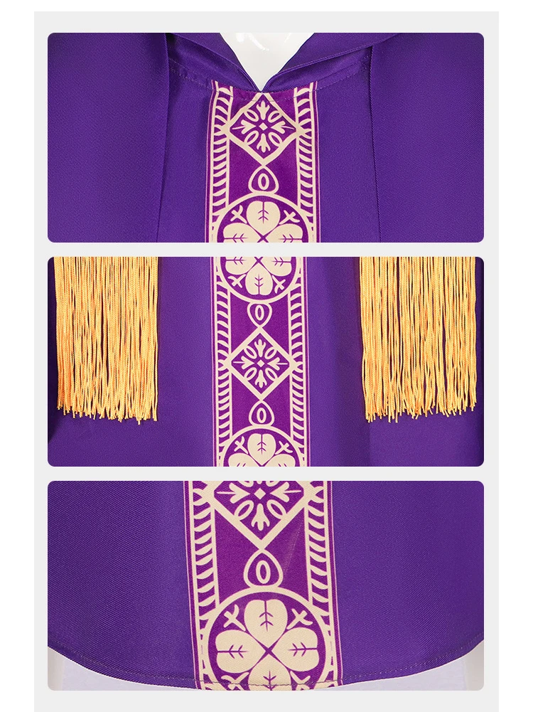 Anime Catholic Priest Chasuble Church Mass Cosplay Costume pour hommes, Anime Casual Purple White Red Vestment Robe with Baggy Sleeve