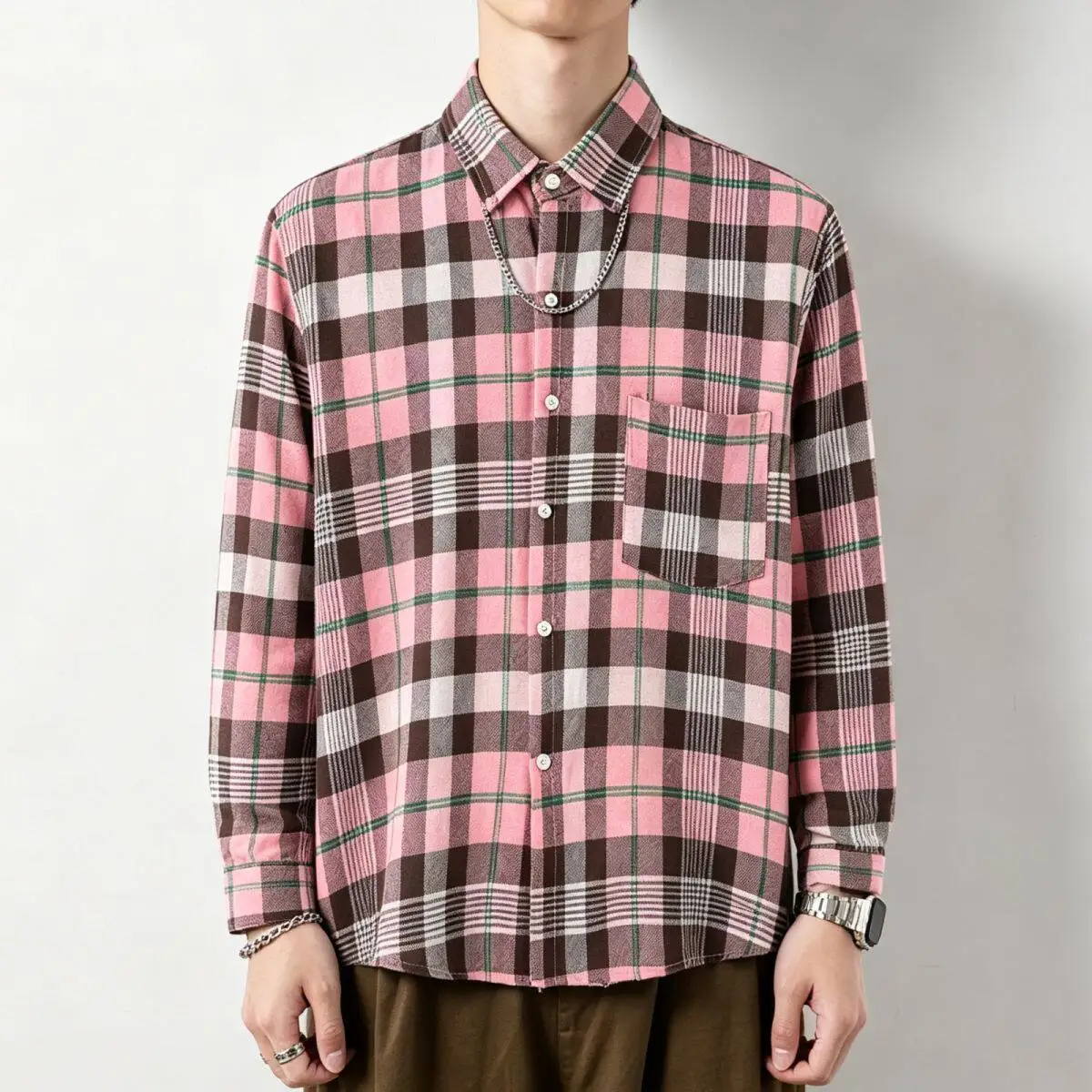 Men's Long Sleeve Shirt Spring Autumn Plaid Casual Versatile Youth Brand Outerwear PU Leather Standard Fit Citywalk Style