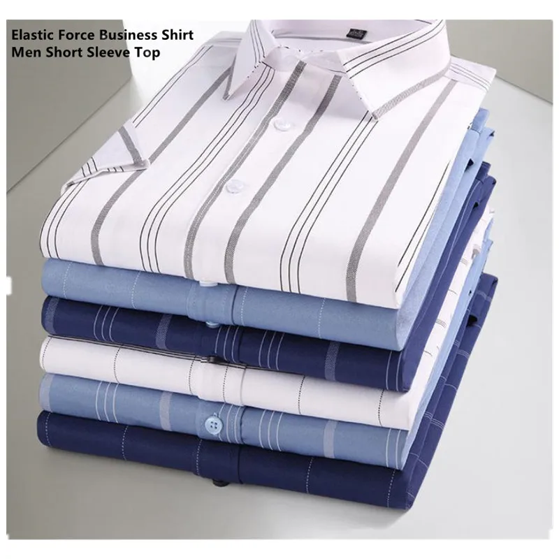 Elastic Force Business Shirts For Men Summer Ice Silk Breathable Short Sleeve Business Shirts Strip Solid Tops  Men's  Clothing