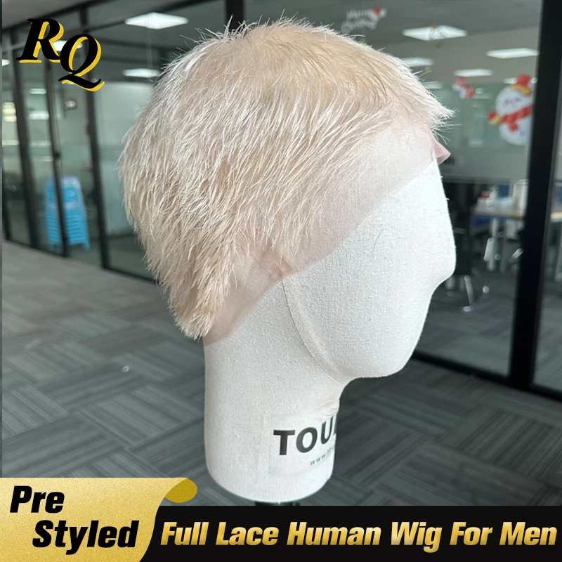 Pre Styled Full Lace Human Hair Wig For Men Blonde Toupee Hair System Male Wig Hair Transparent Lace Wig Replacement Wigs