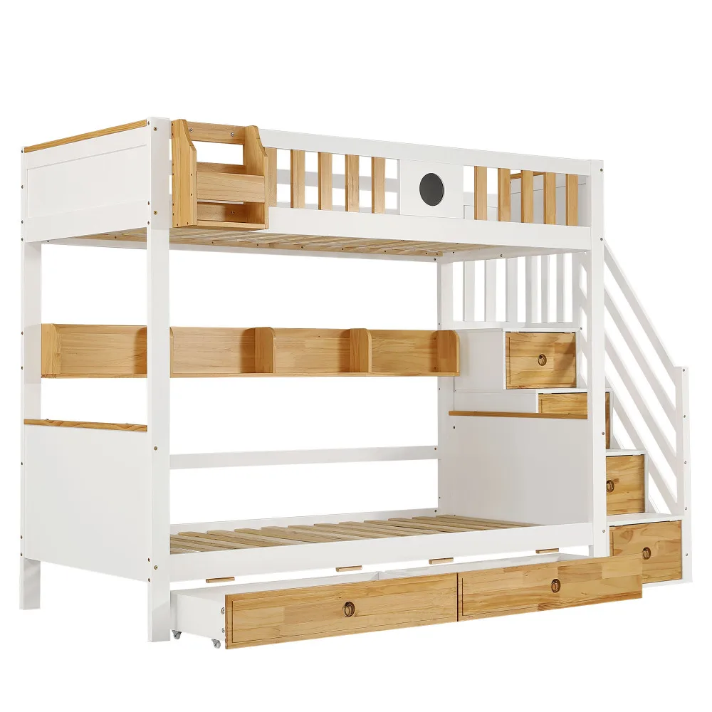 PINGGO Weißes Naturholz-Etagenbett 90x200cm mit Stauraum-Treppe, 4 Schränken, 2 Schubladen, offenem Regal, Fallschirmgitter, Kiefer+MDF, ohne Matratze – Detail 12